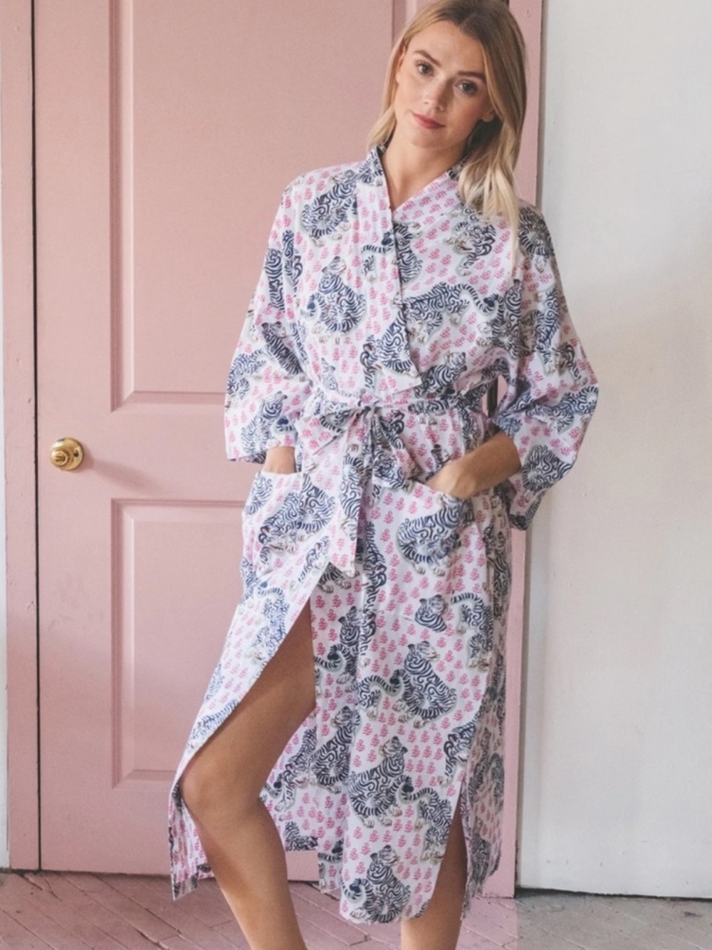 Print Fresh Robe Tiger Queen Poplin Rose Kimono Lounge Novelty Animal Art S/M